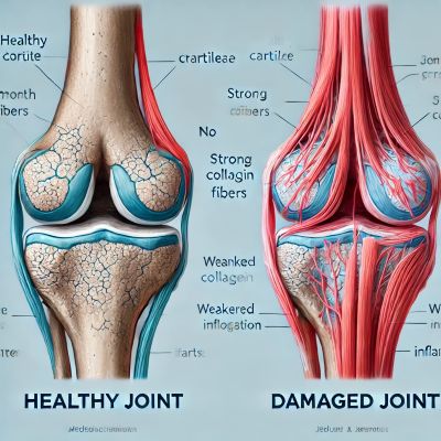 Kolagén - obrázok zdravého a poškodeného klbu